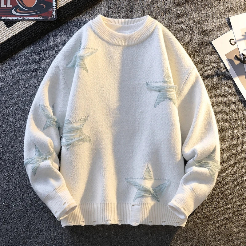 Harajuku Trend Star Pattern Knitted Sweater for Men Round Neck Pullovers Hip Hop Contrast Color Sweaters Women Men Knitwear