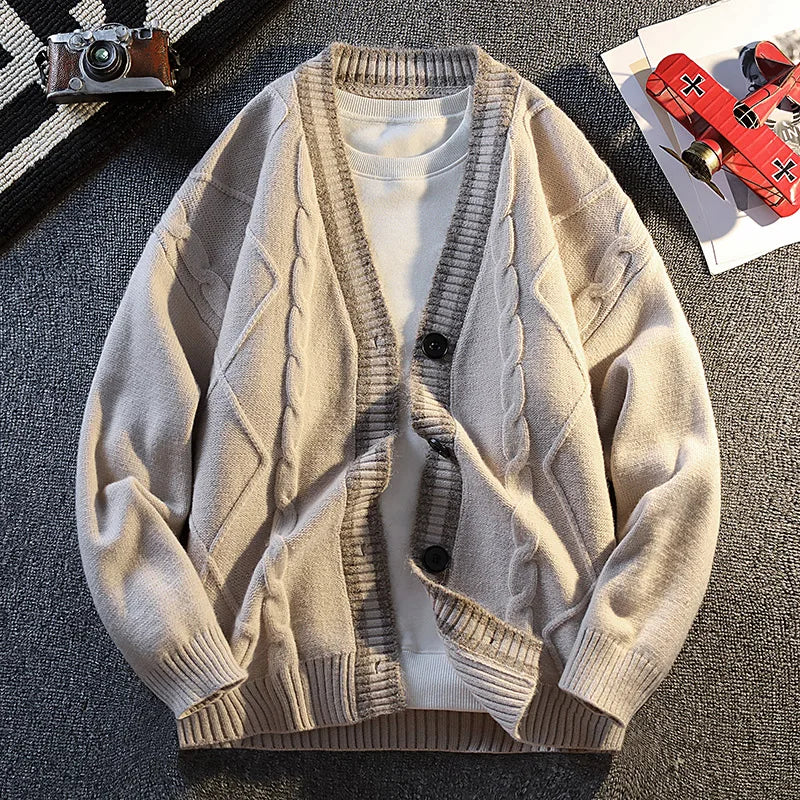 New Fall Men's Knit Cardigan Retro Diamond-Pattern Sweater Jacket Korean Style Comfortable and Versatile Long-Sleeve Knit Top