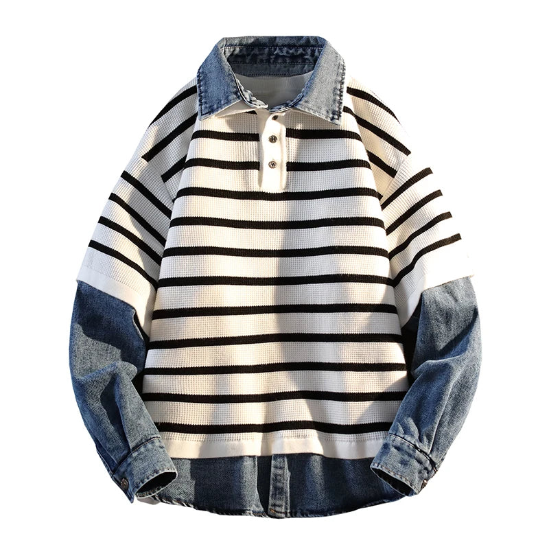 Fake Two Pieces Denim Splicing Jumper Korean Style Striped Long-sleeved Polo Shirt Men Women Casual Tops 2025 Autumn New Sweater