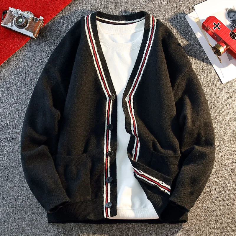 2025 Fall Winter New Collision Striped V-neck Cardigan Jumper Men England Style Long-sleeved Casual Knit Sweater Jacket