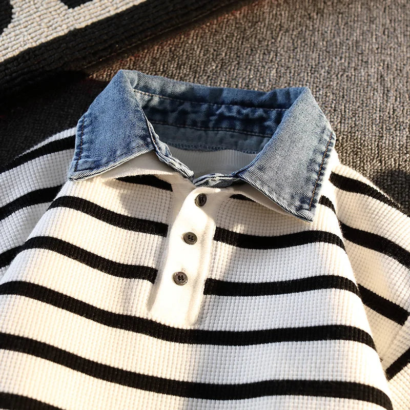 Fake Two Pieces Denim Splicing Jumper Korean Style Striped Long-sleeved Polo Shirt Men Women Casual Tops 2025 Autumn New Sweater