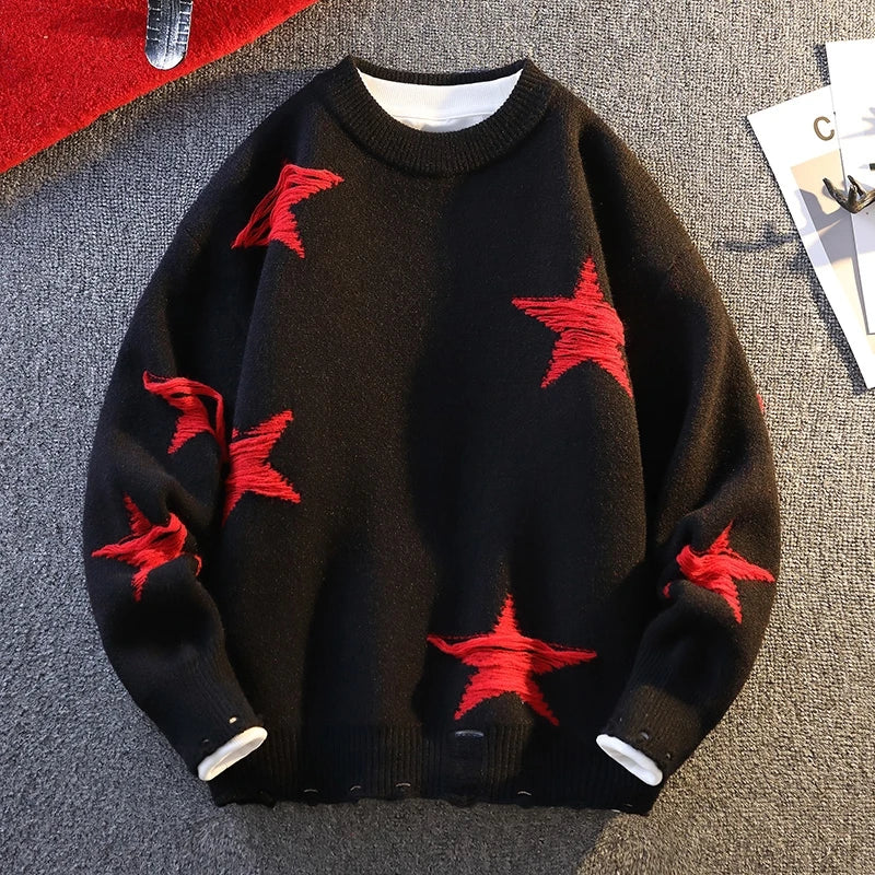 Harajuku Trend Star Pattern Knitted Sweater for Men Round Neck Pullovers Hip Hop Contrast Color Sweaters Women Men Knitwear