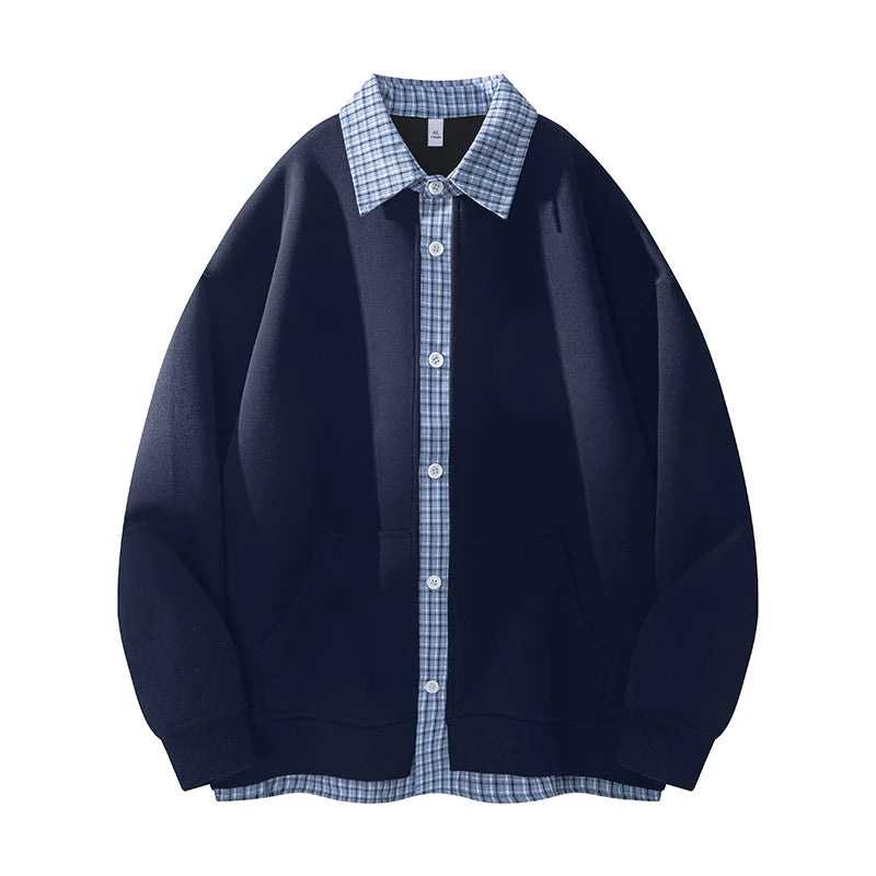 2025 New Couples False Two-piece Cardigan Plaid Collision Design Lapel Sweater Jacket Korean College Style Long-sleeved Tops