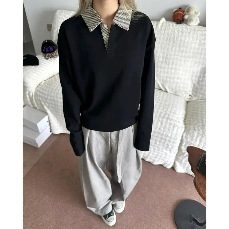 Men's Casual Polo Shirt Long-sleeved Plaid Collar Design Simple Versatile Unisex Sweatshirt Daily Commuting Tide Bottoming Shirt