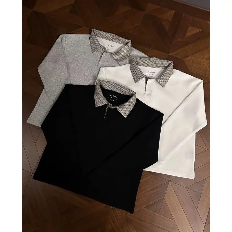 Men's Casual Polo Shirt Long-sleeved Plaid Collar Design Simple Versatile Unisex Sweatshirt Daily Commuting Tide Bottoming Shirt