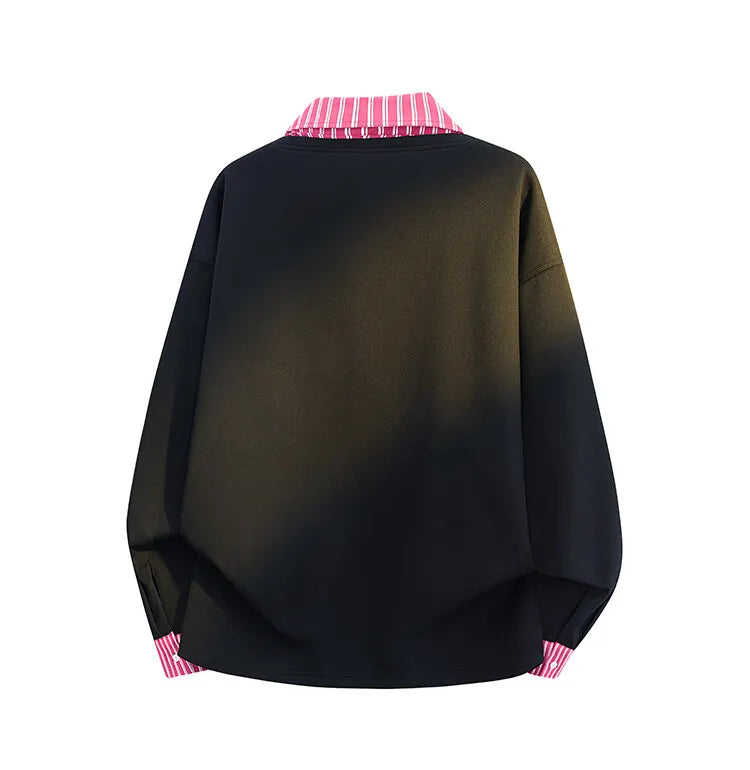 New Versatile Polo Shirt Fake Two Pieces Sweatshirt for Men Streetwear Long Sleeve Sweatshirts Contrast Pullover