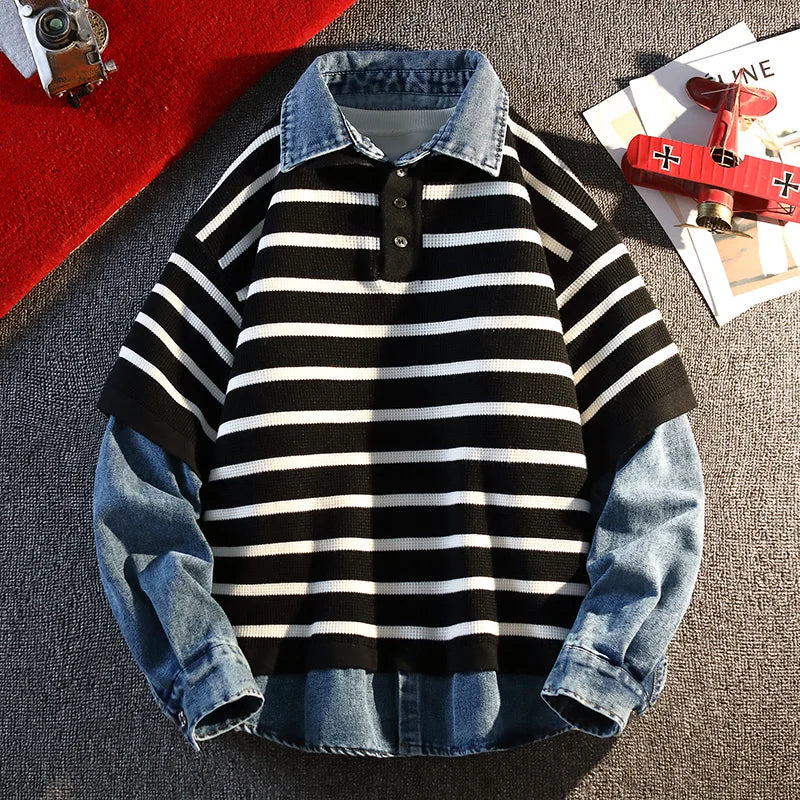 Fake Two Pieces Denim Splicing Jumper Korean Style Striped Long-sleeved Polo Shirt Men Women Casual Tops 2025 Autumn New Sweater