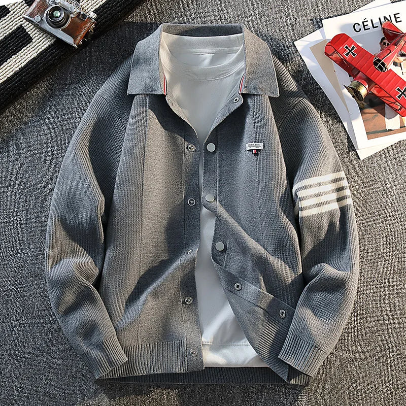 Retro Color Block Striped Knitted Cardigan New Autumn Winter Men's Sweater Classic Unisex Button-front Sweater