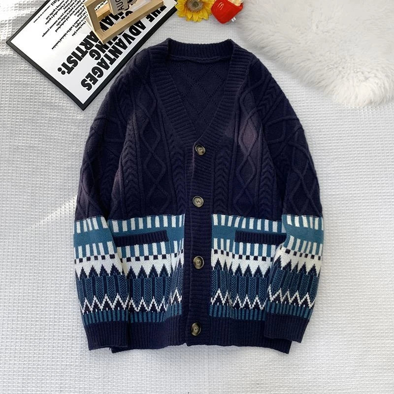 Japan Retro Stitching Rhombic Cardigan Sweater Twist Knit National Wind Couple Sweater Coat Warm V-neck Coat Men's Knitted Coat