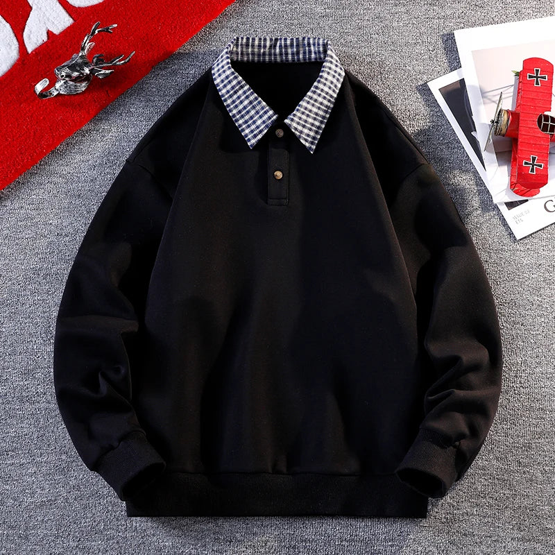 2025 Fall New Arrival Men's Fake Two-Piece Polo Neck Sweatshirt Versatile Casual Long-Sleeve Top Trendy Oversized Sweatshirt