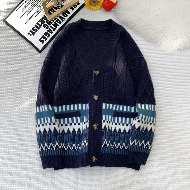 Japan Retro Stitching Rhombic Cardigan Sweater Twist Knit National Wind Couple Sweater Coat Warm V-neck Coat Men's Knitted Coat