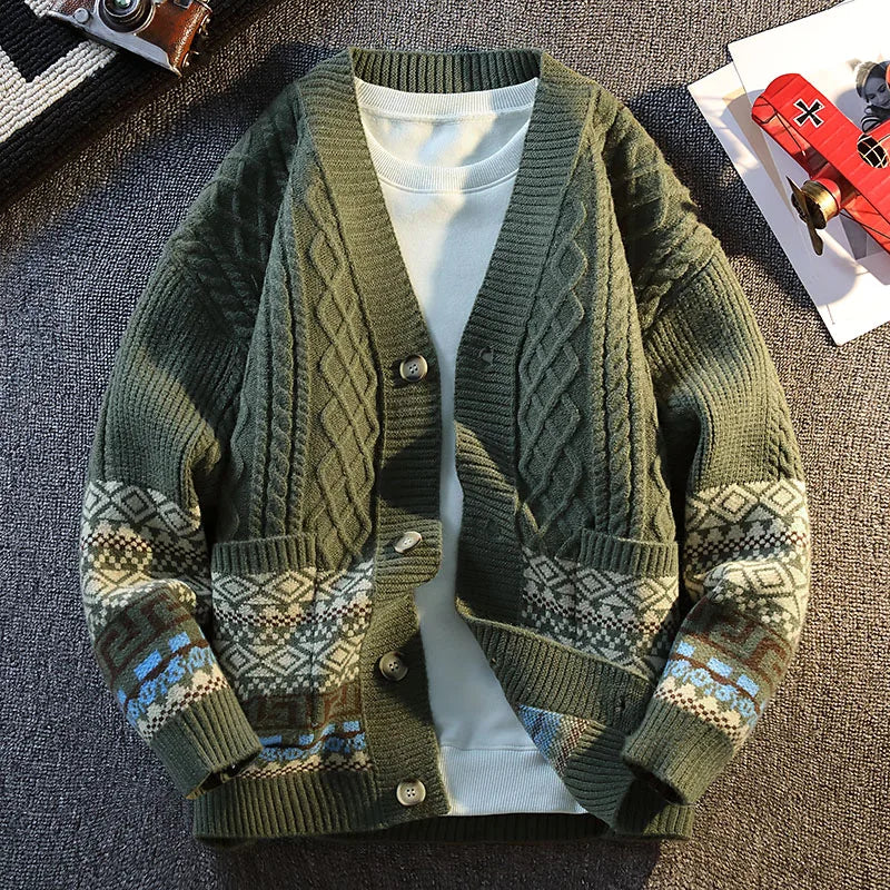 Ethnic Jacquard Knit Cardigan Japanese Retro Casual Versatile Sweater Loose-Fit Sweater Jacket Couple Knitwear