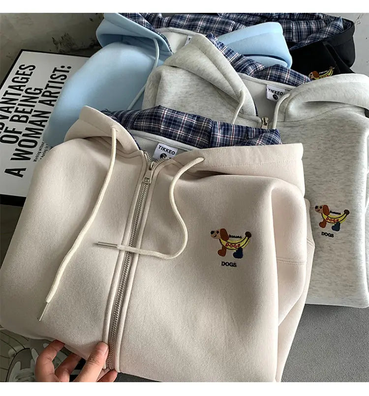 2025 New Cartoon Embroidered Hooded Zipper Jacket Men's Autumn Casual Loose Couples Hoodie Color-block Checkered Hooded Jacket