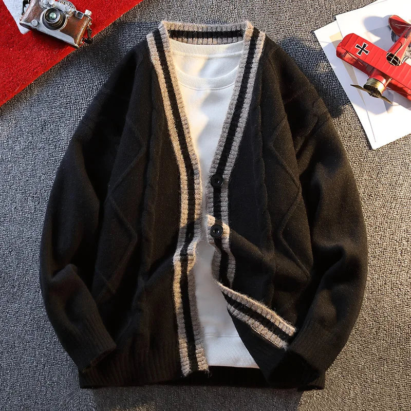 New Fall Men's Knit Cardigan Retro Diamond-Pattern Sweater Jacket Korean Style Comfortable and Versatile Long-Sleeve Knit Top