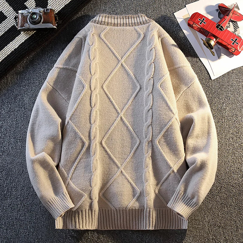 New Fall Men's Knit Cardigan Retro Diamond-Pattern Sweater Jacket Korean Style Comfortable and Versatile Long-Sleeve Knit Top