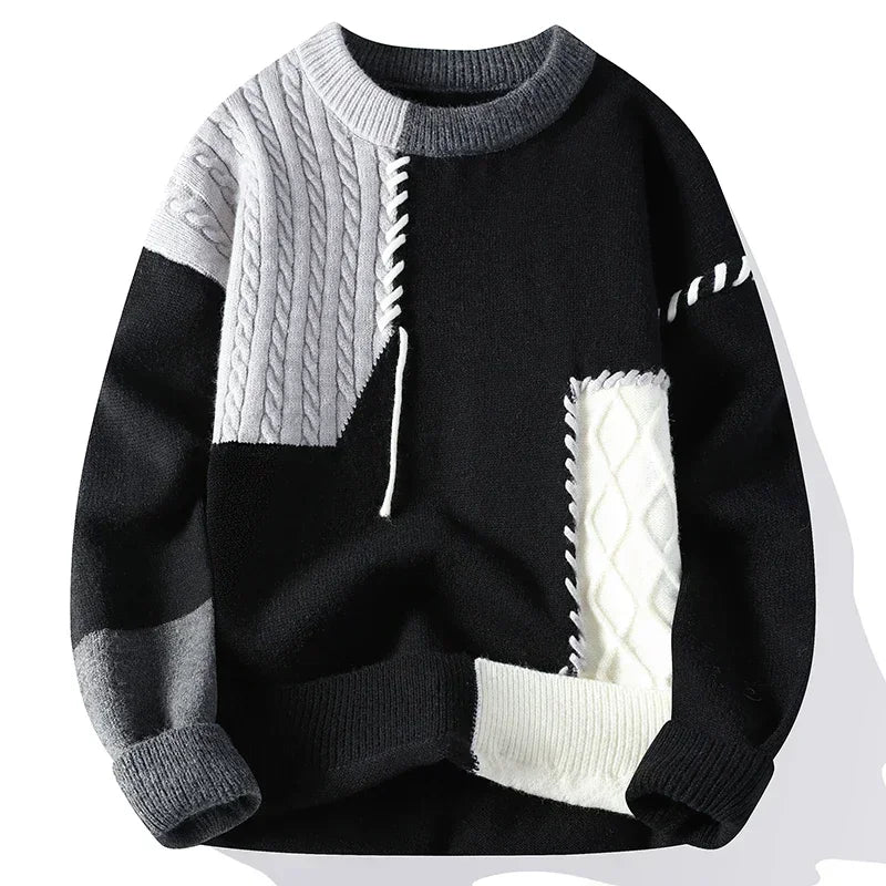 Fall Winter Warm Men Sweaters Korean Style Patchwork Pullovers Round Neck Knitted Sweater Men Women Fashion Knitwear
