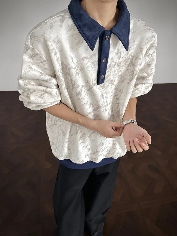 New Men's Casual Long-Sleeve Polo Shirt Color-Block Collar Loose-Fit Versatile Fashion Shirt Velvet Sweatshirt