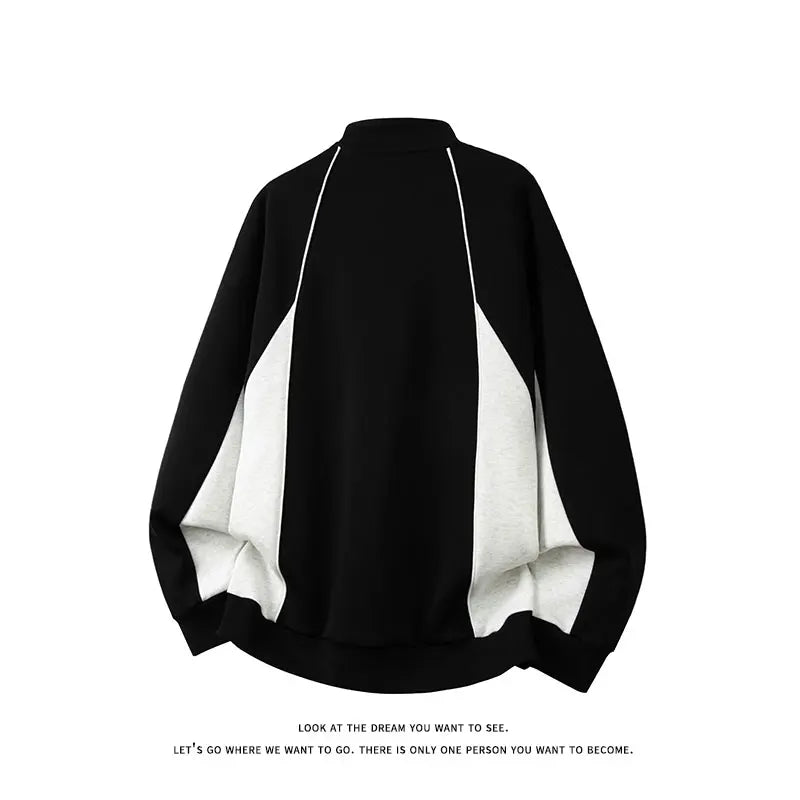 2025 New American Retro Collision POLO Collar Men's Sweatshirts Korean College Style Couples Clothing Autumn Casual Sweatshirt