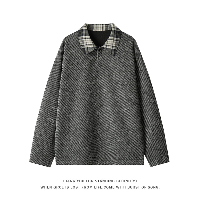 Retro Black White Checkered Splicing Striped Sweatshirts Loose Couples Clothing 2025 Autumn New Knit Sweatshirt Polo Shirt