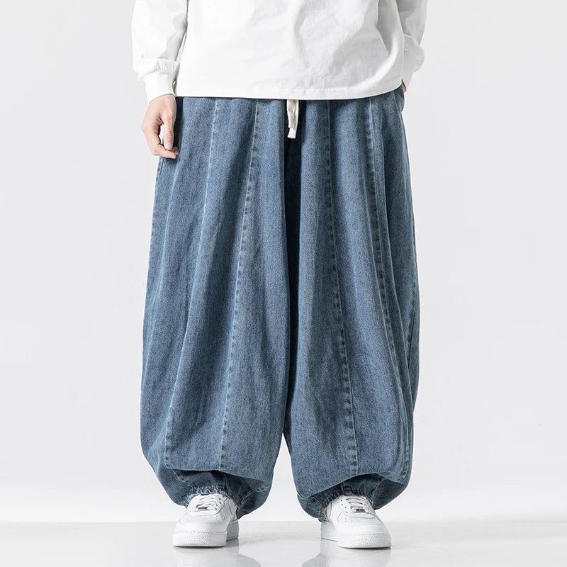 Mens Hip Hop Lantern Pants Baggy Denim Wide Leg Trousers Classic Solid Jean Pants Japanese Style Jeans Oversize Baggy Trousers