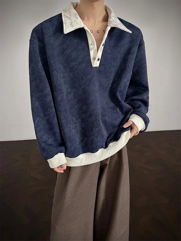 New Men's Casual Long-Sleeve Polo Shirt Color-Block Collar Loose-Fit Versatile Fashion Shirt Velvet Sweatshirt