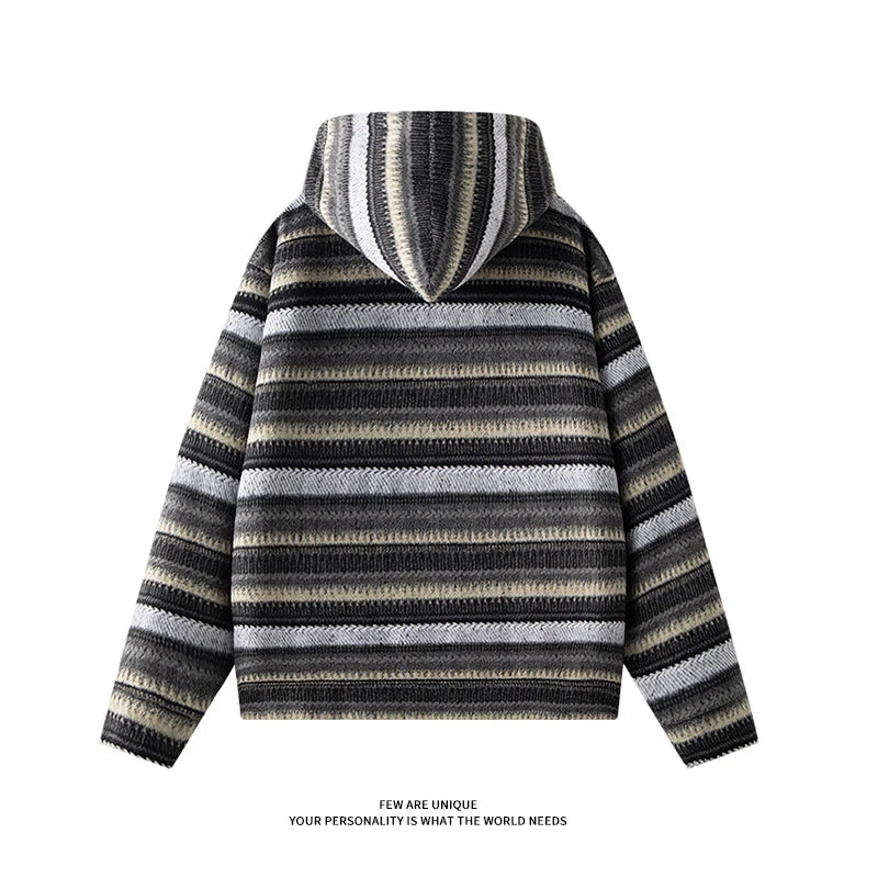 Retro Trend Men's Striped Knit Hooded Cardigan Autumn and Winter Clashing Hooded Jacket Korean Street Couple Hoodie