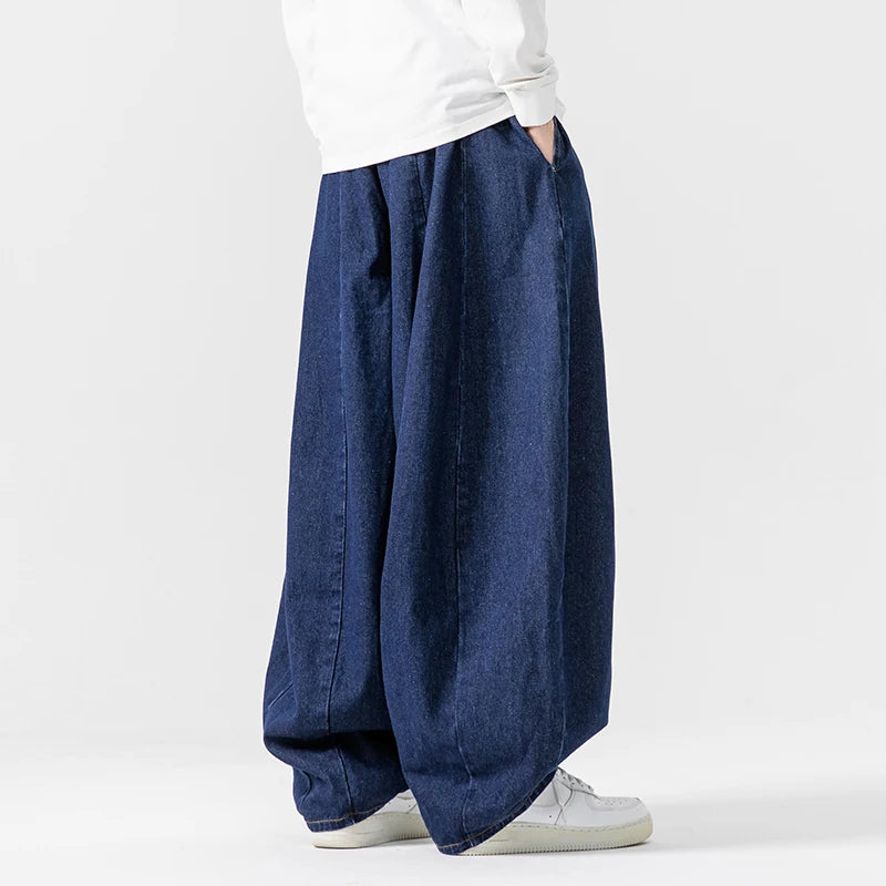 Mens Hip Hop Lantern Pants Baggy Denim Wide Leg Trousers Classic Solid Jean Pants Japanese Style Jeans Oversize Baggy Trousers
