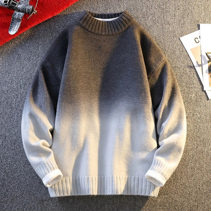 New Autumn Winter Gradient Printing Sweater Men's Crew Neck Long Sleeve Knitwear Harajuku Couple Pullover Tops Warm Knitting