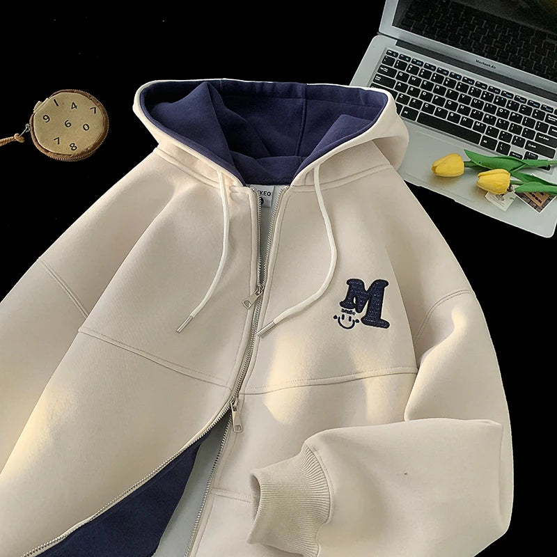 2025 Fall New American Retro Zipper Hooded Sweater Letters Embroidery Splicing Padded Jacket Oversize Street Style Trend Tops