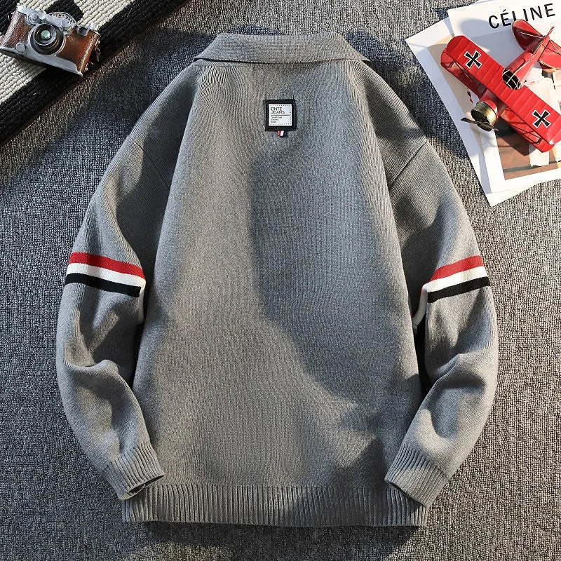 2025 New Men's Color Collision Knitted Cardigan Versatile Stand-up Collar Button Cardigan Couple Knit Sweater Loose Outwear