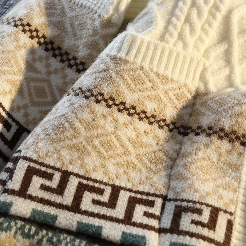 Ethnic Jacquard Knit Cardigan Japanese Retro Casual Versatile Sweater Loose-Fit Sweater Jacket Couple Knitwear