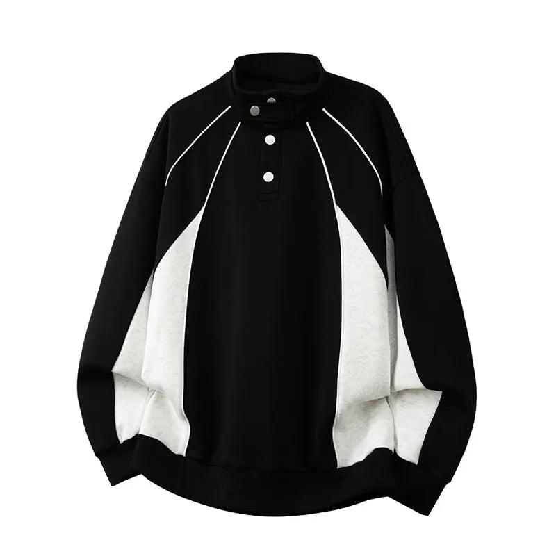 2025 New American Retro Collision POLO Collar Men's Sweatshirts Korean College Style Couples Clothing Autumn Casual Sweatshirt