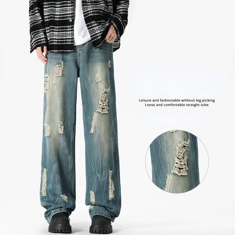 Summer American Retro Ripped Jeans Men's High Street Fashion Woolen Wide-leg Pants Loose Casual Pants Women Men's Clothing