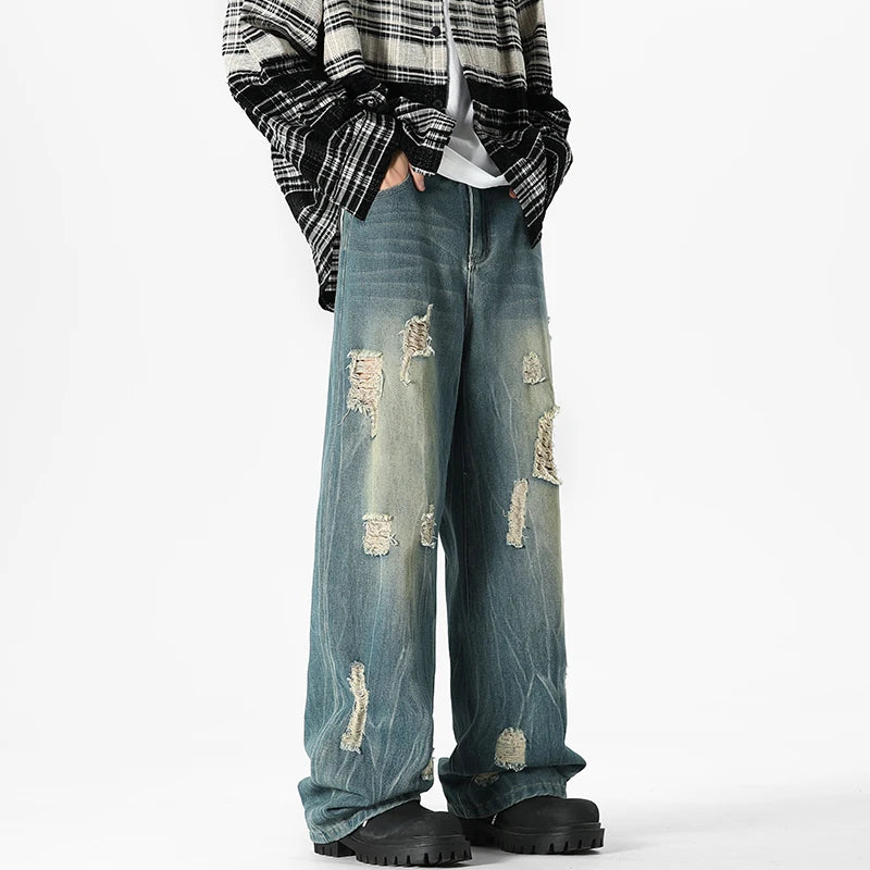 Summer American Retro Ripped Jeans Men's High Street Fashion Woolen Wide-leg Pants Loose Casual Pants Women Men's Clothing