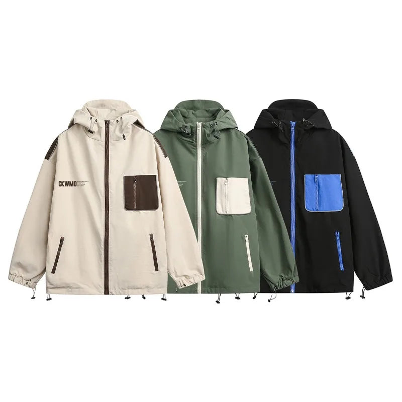 Windproof Casual Clashing Hooded Punching Jacket Large Pockets Letter Printed Long Sleeve Jacket Coat Women Men Clothing