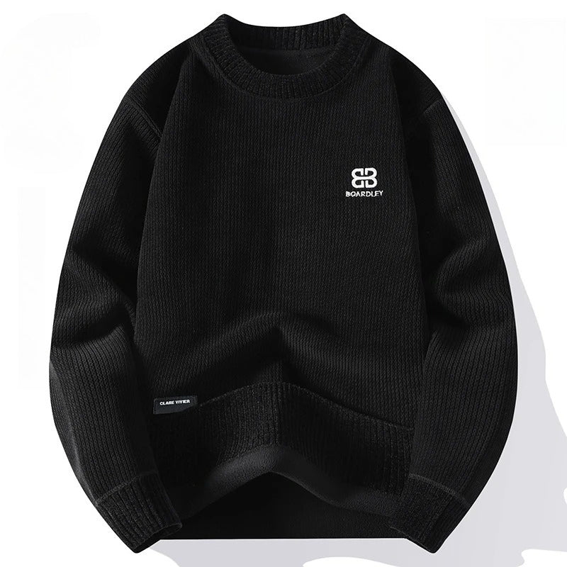 Embroidered Sweater Round Neck Thick Warm Knit Pullover Autumn Winter Plus Velvet Solid Color Casual Sweater.