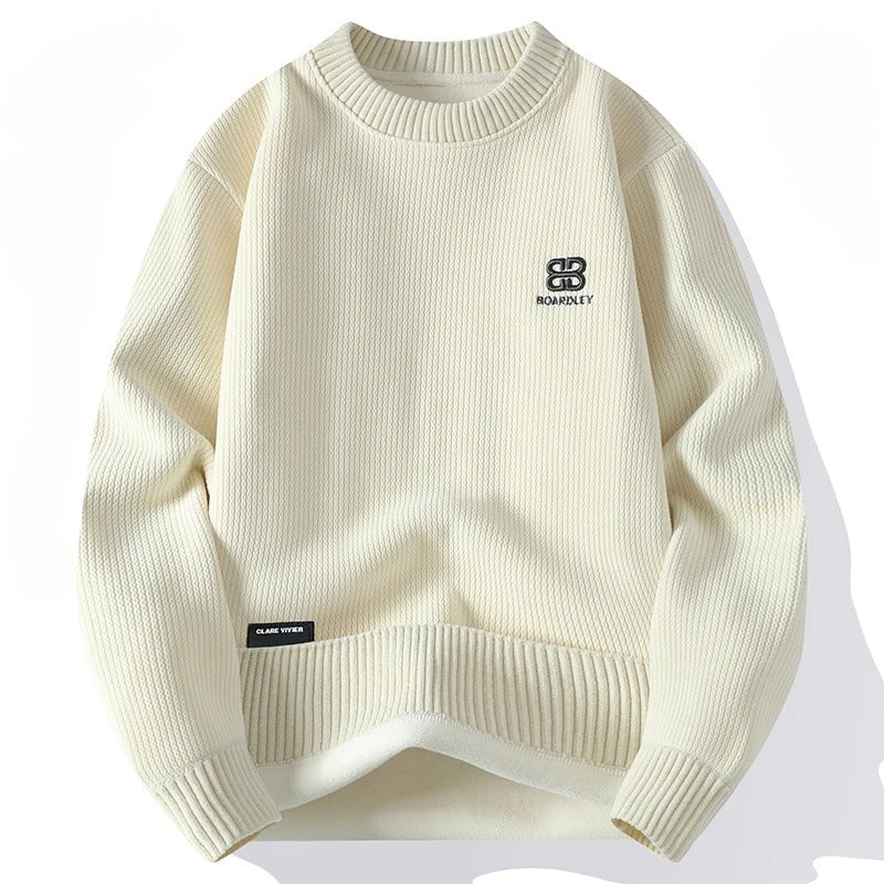 Embroidered Sweater Round Neck Thick Warm Knit Pullover Autumn Winter Plus Velvet Solid Color Casual Sweater.