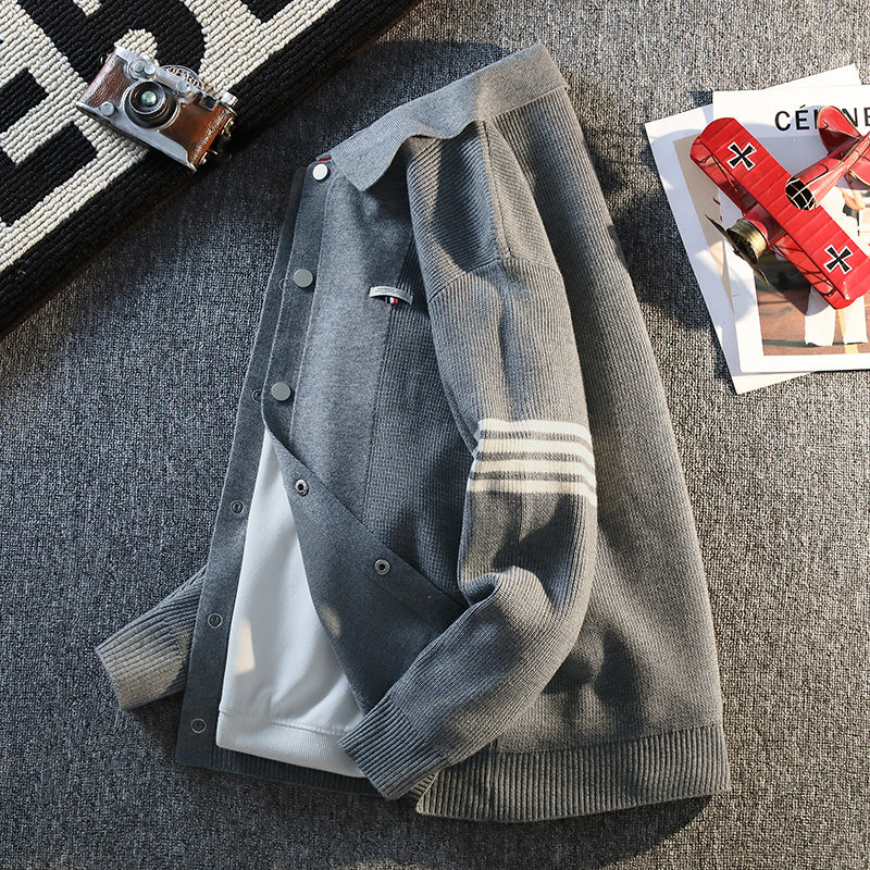 Retro Color Block Striped Knitted Cardigan New Autumn Winter Men's Sweater Classic Unisex Button-front Sweater