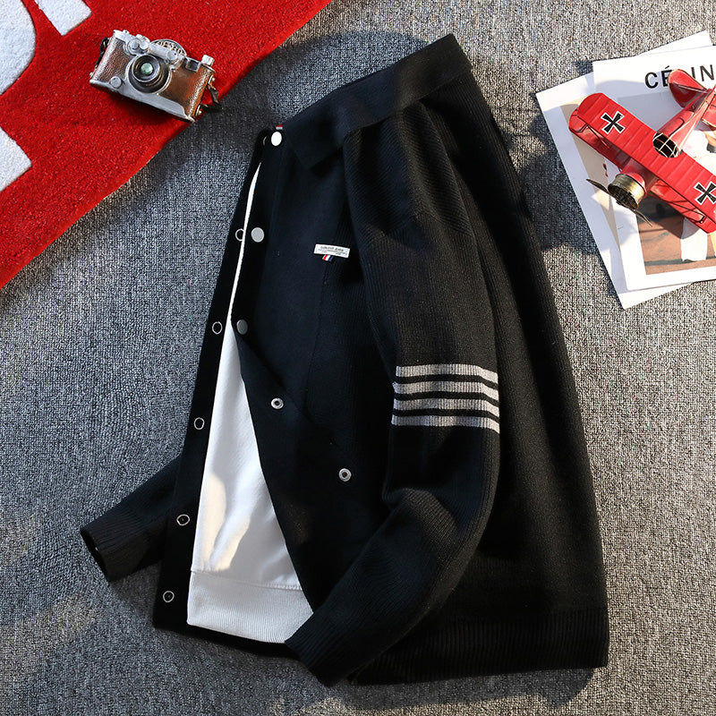 Retro Color Block Striped Knitted Cardigan New Autumn Winter Men's Sweater Classic Unisex Button-front Sweater