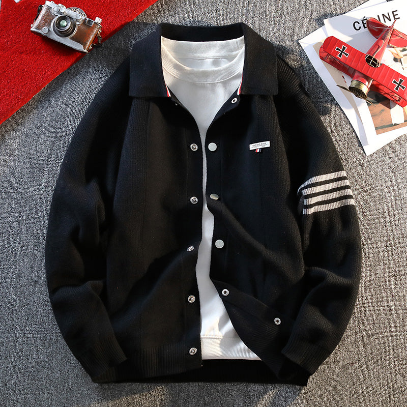 Retro Color Block Striped Knitted Cardigan New Autumn Winter Men's Sweater Classic Unisex Button-front Sweater